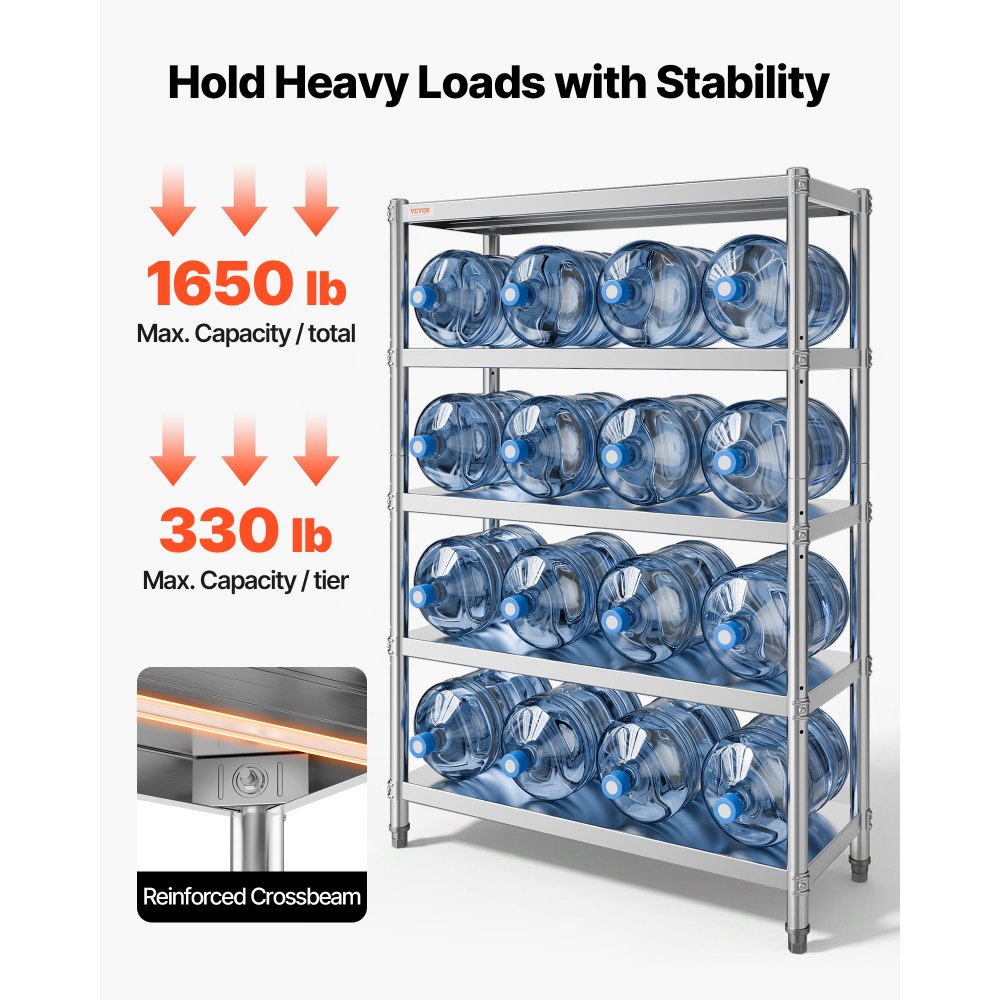 VEVOR Shelving Unit 48x18.5 Inch Storage Shelves 5-Tier shelving Units And Storage Adjustable Shelf Storage Unit Adjustable Feet Shelving Units Stainless Steel Kitchen Shelves