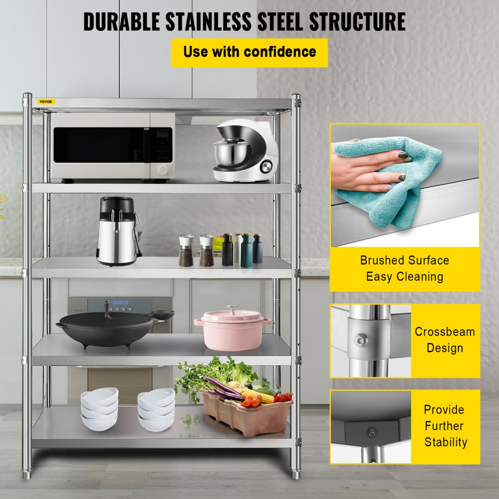VEVOR Stainless Steel Shelves 47.5x18 Inch 5 Tier Adjustable Shelf Storage Unit Stainless Steel Rack Shelving Heavy Duty Shelving for Kitchen Commercial Office Garage Storage 330lb Per Shelf