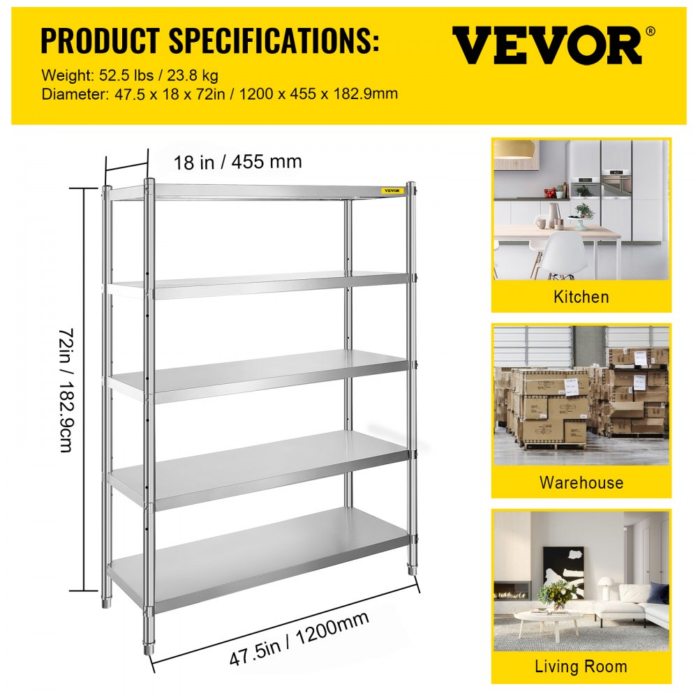 VEVOR Stainless Steel Shelves 47.5x18 Inch 5 Tier Adjustable Shelf Storage Unit Stainless Steel Rack Shelving Heavy Duty Shelving for Kitchen Commercial Office Garage Storage 330lb Per Shelf