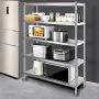 VEVOR stainless steel shelving unit holding kitchen appliances and storage containers.