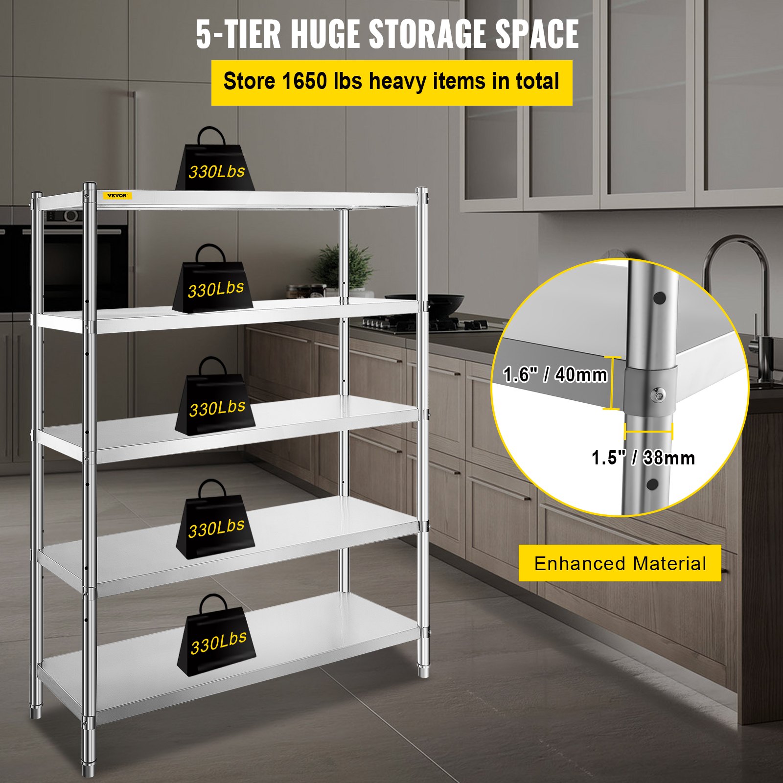 VEVOR Stainless Steel Shelves 47.5x18 Inch 5 Tier Adjustable Shelf Storage Unit Stainless Steel Rack Shelving Heavy Duty Shelving for Kitchen Commercial Office Garage Storage 330lb Per Shelf