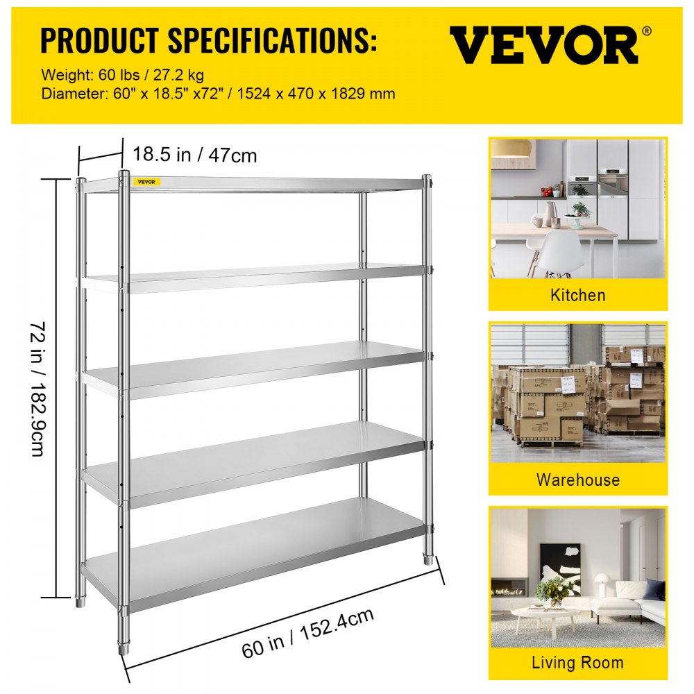 Kitchen Shelf 5 Tiers 152X47cm Storage Rack Shelves Shelving Cupboard Shelf