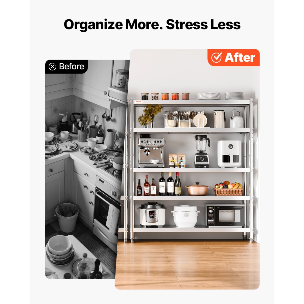 VEVOR Stainless Steel Shelving 60x18.5 Inch 5 Tier Adjustable Shelf Storage Unit Stainless Steel Heavy Duty Shelving for Kitchen Commercial Office Garage Storage 330lb Per Shelf