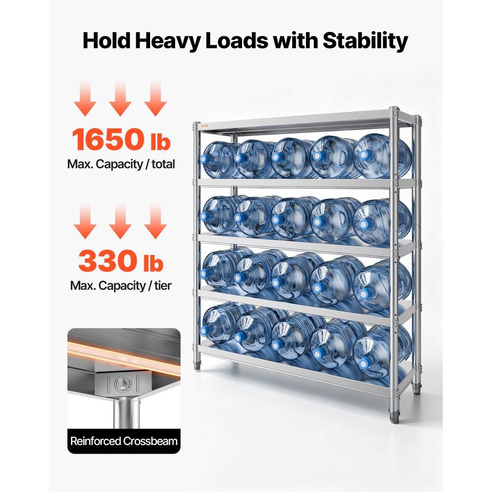 VEVOR Stainless Steel Shelving 60x18.5 Inch 5 Tier Adjustable Shelf Storage Unit Stainless Steel Heavy Duty Shelving for Kitchen Commercial Office Garage Storage 330lb Per Shelf
