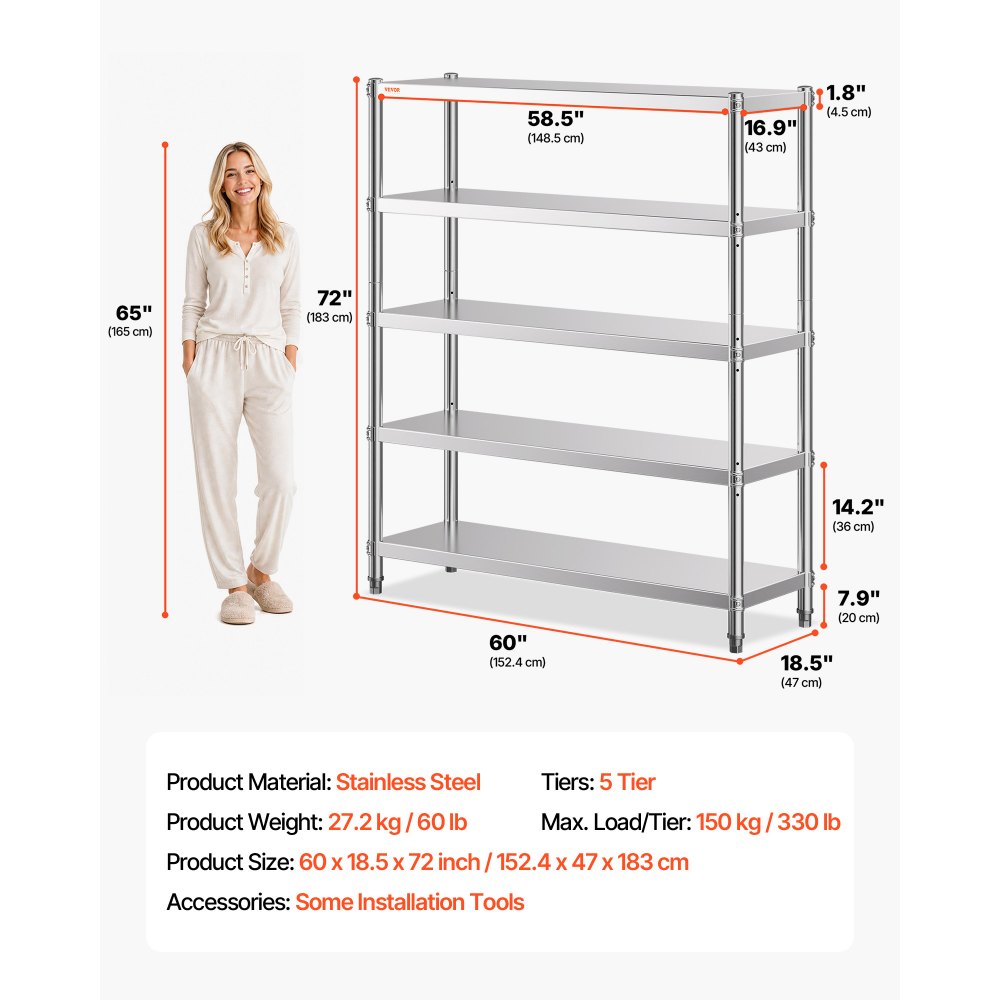 VEVOR Stainless Steel Shelving 60x18.5 Inch 5 Tier Adjustable Shelf Storage Unit Stainless Steel Heavy Duty Shelving for Kitchen Commercial Office Garage Storage 330lb Per Shelf
