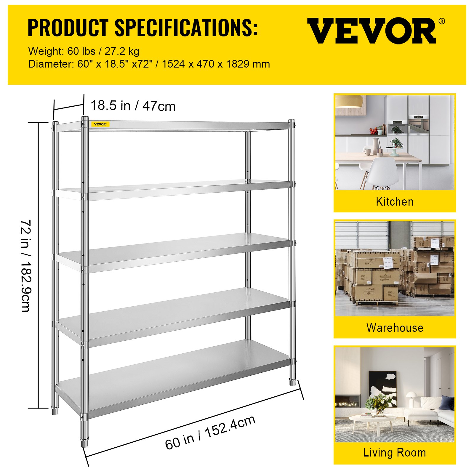 Kitchen Shelf 5 Tiers 152X47cm Storage Rack Shelves Shelving Cupboard Shelf