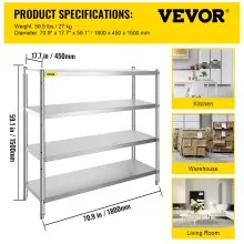 VEVOR Stainless Steel Shelving Adjustable Storage Shelf 4-Tier Storage Rack