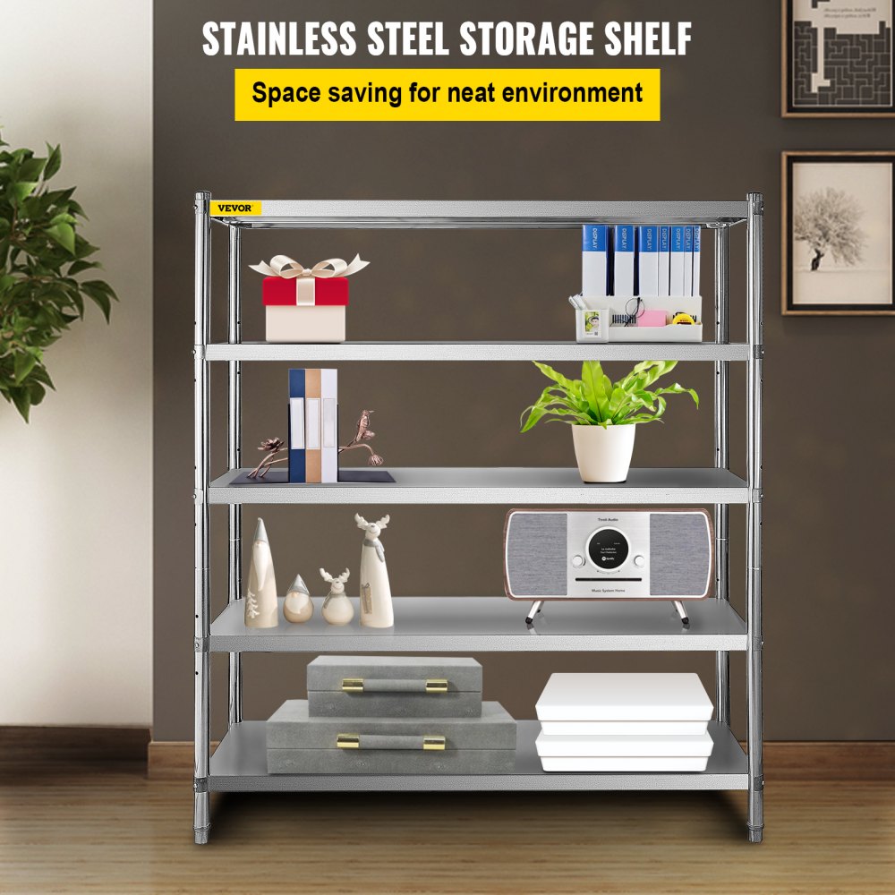 VEVOR Storage Shelf, 5-Tier Storage Shelving Unit, Stainless Steel Garage Shelf, 180.1 x 45 x 180.1 cm Heavy Duty Storage Shelving, 748.4 kg Total Capacity with Adjustable Height