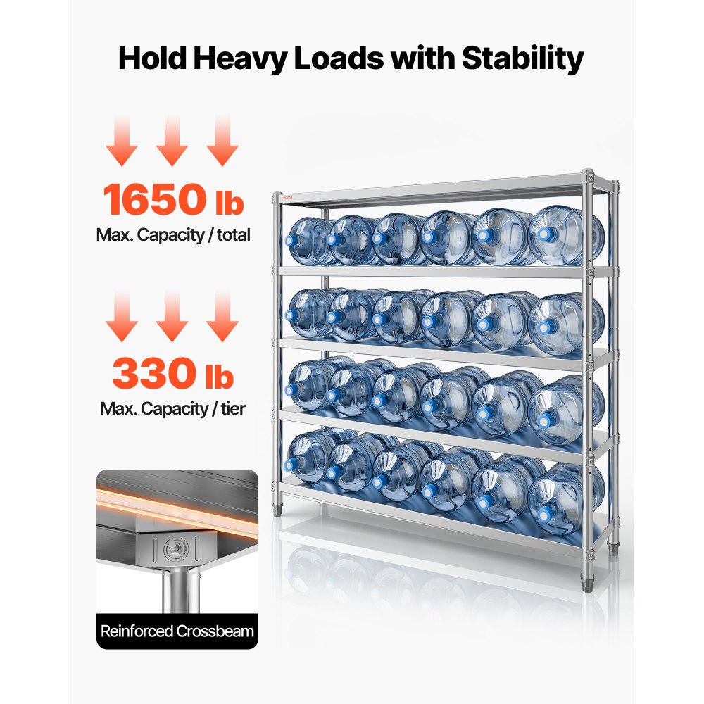 VEVOR Storage Shelf, 5-Tier Storage Shelving Unit, Stainless Steel Garage Shelf, 70.9 x 17.7 x 70.9 inch Heavy Duty Storage Shelving, 1650 Lbs Total Capacity with Adjustable Height