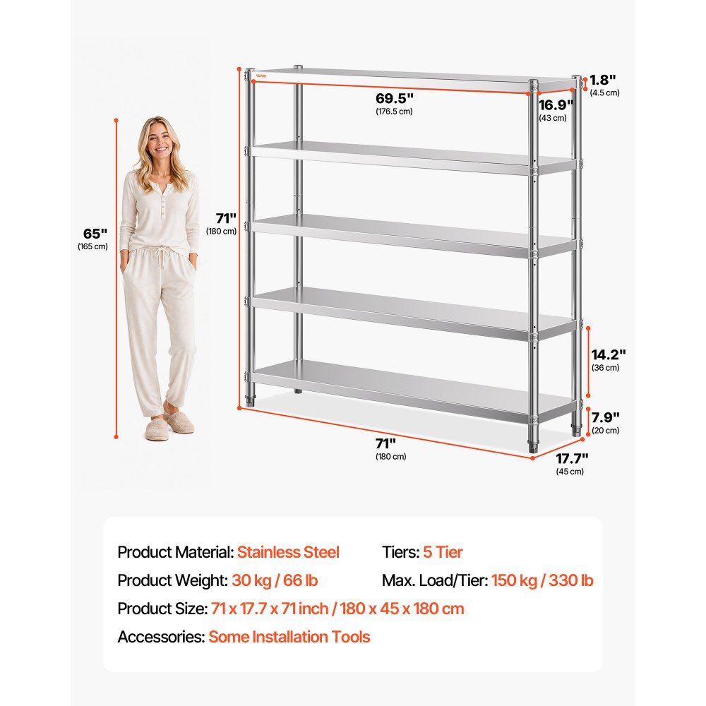 VEVOR Storage Shelf, 5-Tier Storage Shelving Unit, Stainless Steel Garage Shelf, 70.9 x 17.7 x 70.9 inch Heavy Duty Storage Shelving, 1650 Lbs Total Capacity with Adjustable Height
