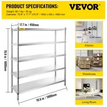 VEVOR Stainless Steel Shelving Adjustable Storage Shelf 5-Tier Storage Rack