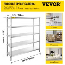 VEVOR Storage Shelf, 5-Tier Storage Shelving Unit, Stainless Steel Garage Shelf, 70.9 x 17.7 x 70.9 inch Heavy Duty Storage Shelving, 1650 Lbs Total Capacity with Adjustable Height