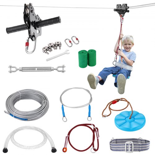 VEVOR Zipline Kit for Kids and Adult, 100 ft Zip Line Kits Up to 500 lb, Backyard Outdoor Quick Setup Zipline, Playground Entertainment with Stainless Steel Zipline, Spring Brake, Safety Harness, Seat