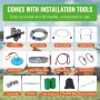 VEVOR zipline kit with pulley, main cable, spring break, swing seat, carabiners, and tree protectors.