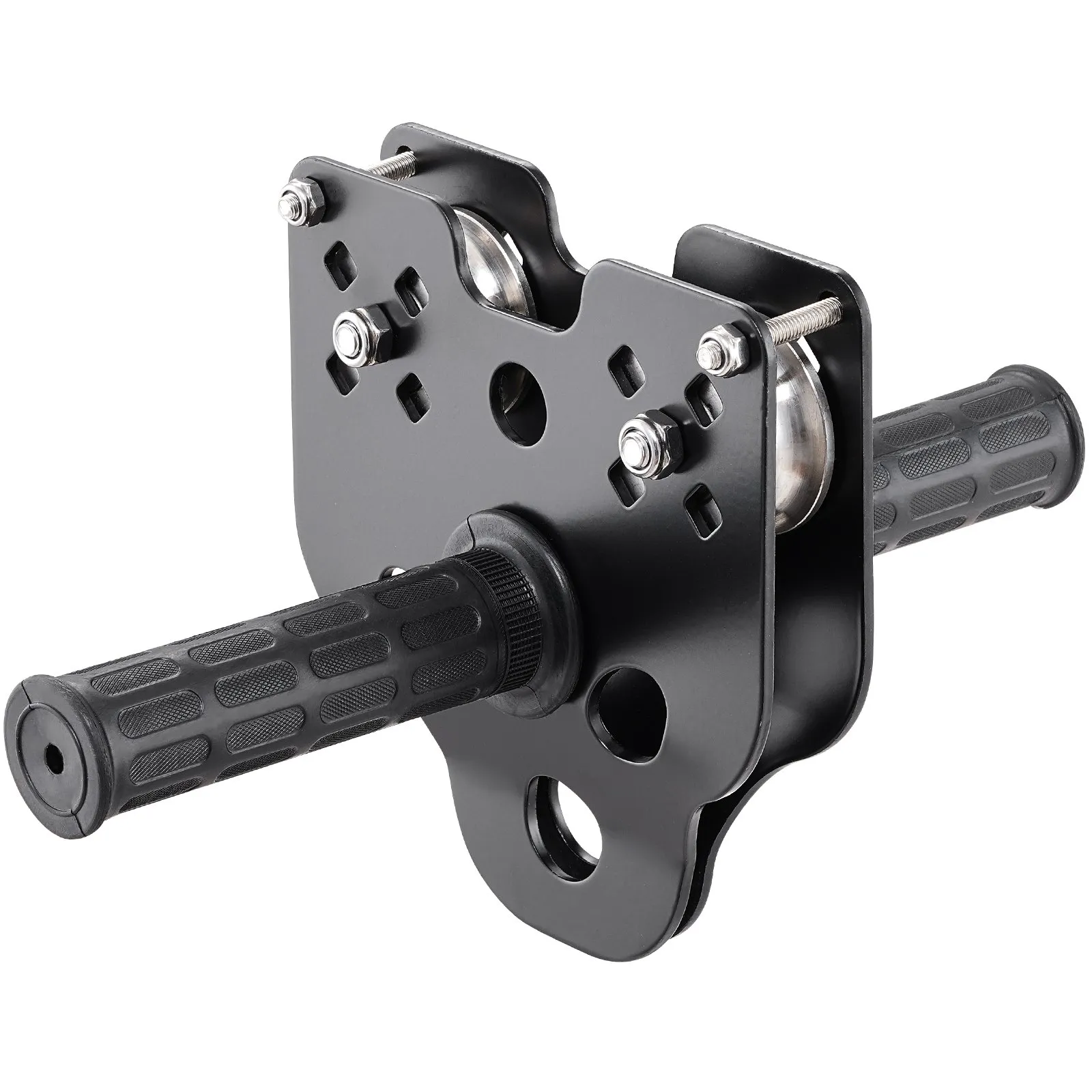 black metal pulley with ergonomic handles for VEVOR zipline kit. rivet-secured, durable design.