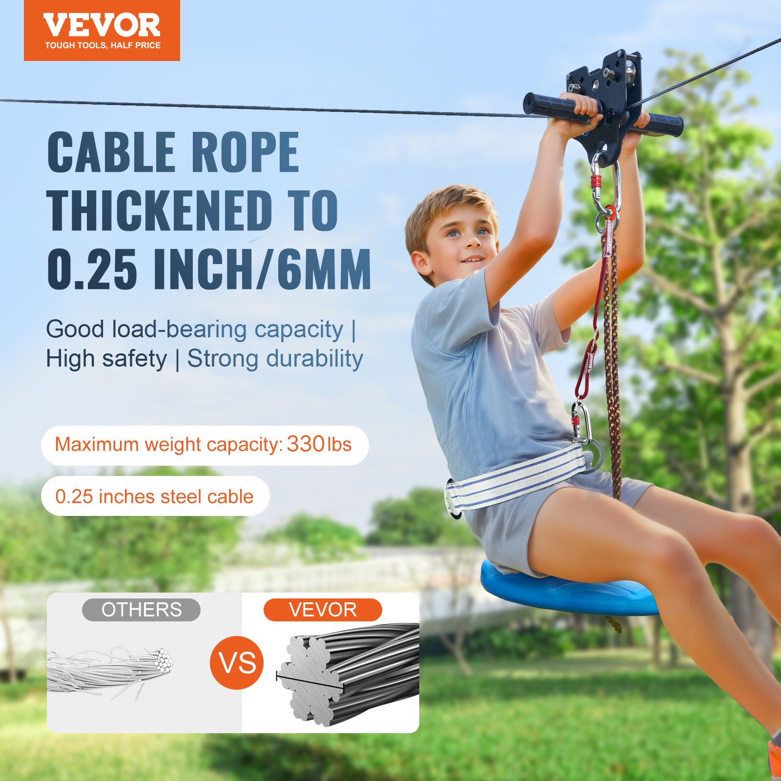 VEVOR Zipline Kit for Kids and Adult, 48.77 m Zip Line Kits Up to 226.8 kg, Backyard Outdoor Quick Setup Zipline, Playground Entertainment with Stainless Steel Zipline, Spring Brake, Safety Harness, Seat