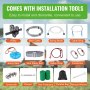 VEVOR zipline kit includes pulley, main cable, spring break, swing seat, seat belt, and safety strap.