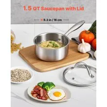 VEVOR 1.5 QT Saucepan, Stainless Steel Saucepan with Glass Lid, Multipurpose Nonstick Stainless Steel Small Cooking Sauce Pot with Ergonomic Handle, Friendly for Oven, Dishwasher, Induction Cooker