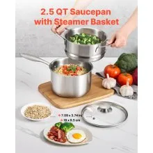 VEVOR 2.5 QT Saucepan with Steamer Stainless Steel Saucepan with Glass Lid