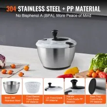 VEVOR Stainless Steel Salad Spinner, 4.75Qt, One-handed Easy Press Large Vegetable Dryer Washer, Lettuce Cleaner and Dryer with 304 Stainless Steel Bowl, for Greens, Herbs, Berries, Fruits, No BPA