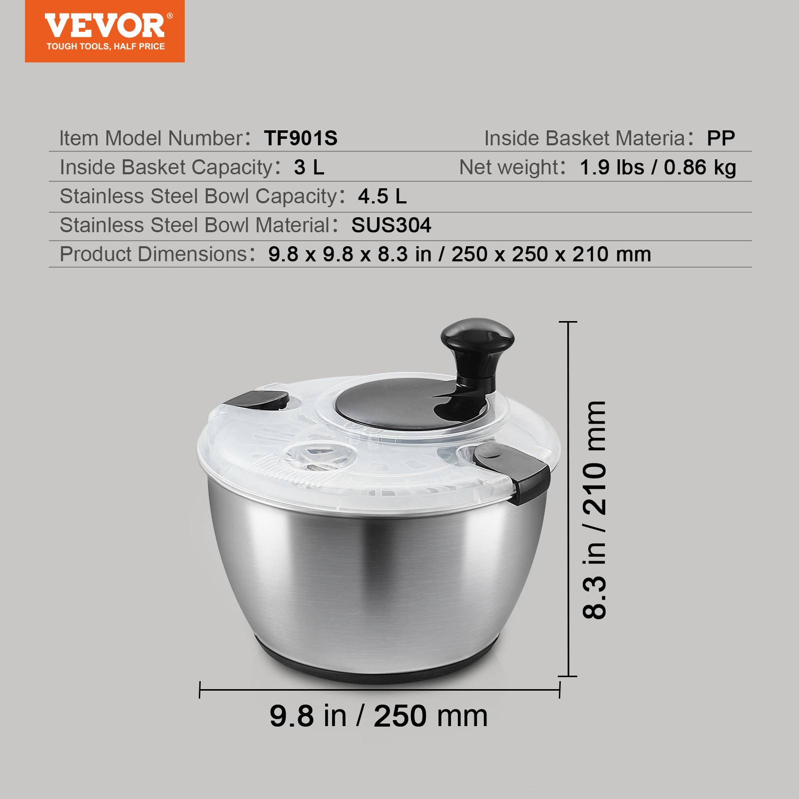 VEVOR Stainless Steel Salad Spinner, 4.5L, One-handed Easy Press Large Vegetable Dryer Washer, Lettuce Cleaner and Dryer with 304 Stainless Steel Bowl, for Greens, Herbs, Berries, Fruits, No BPA