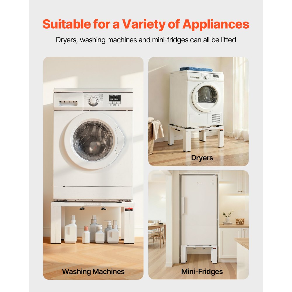 VEVOR Laundry Pedestal, 305 mm Height, Washer and Dryer Pedestals with 544 kg Weight Load Capacity, 475-785 mm Adjustable, Non-Slip Feet, Heavy-duty Steel Washing Machine Stand Universal Fit, White