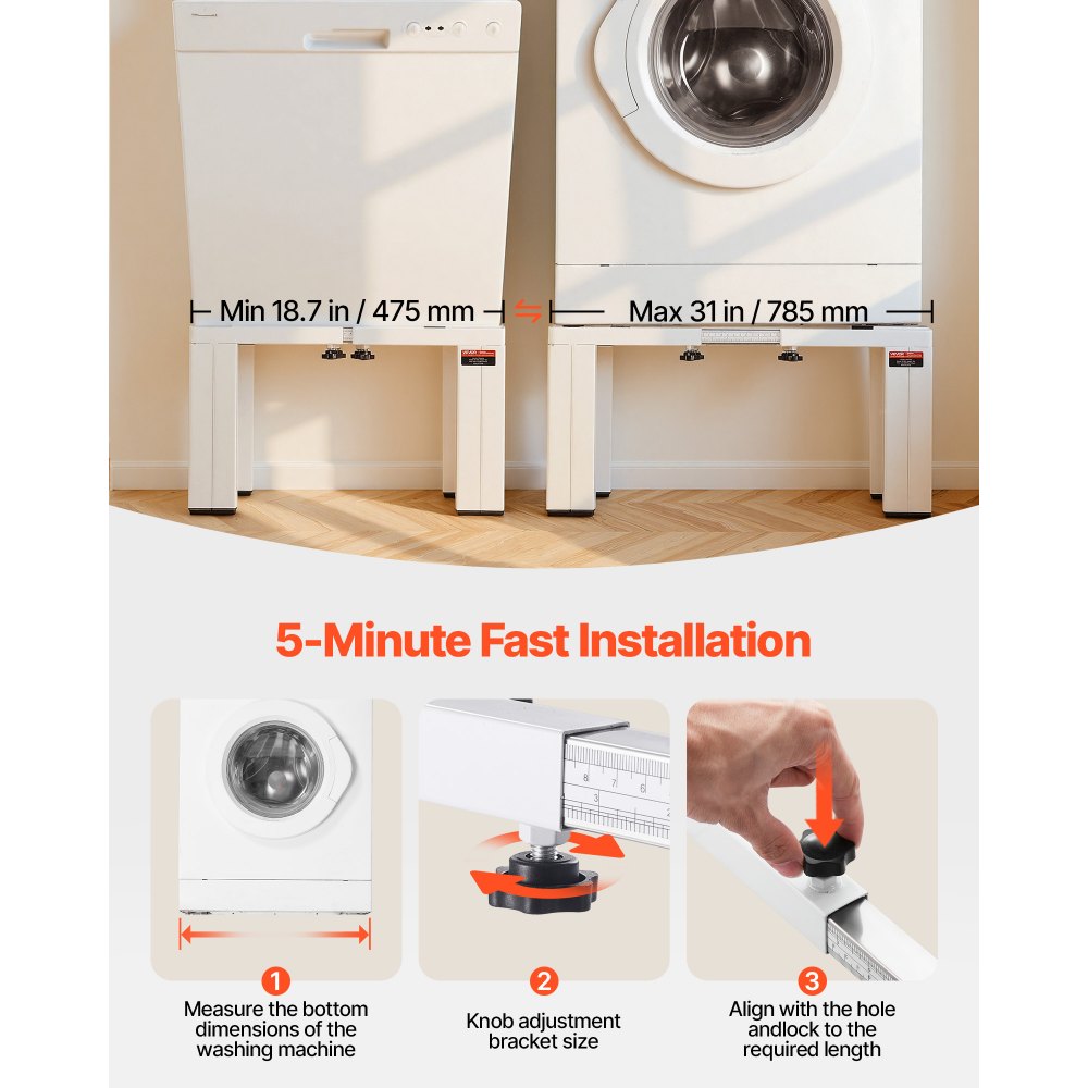 VEVOR Laundry Pedestal, 305 mm Height, Washer and Dryer Pedestals with 544 kg Weight Load Capacity, 475-785 mm Adjustable, Non-Slip Feet, Heavy-duty Steel Washing Machine Stand Universal Fit, White