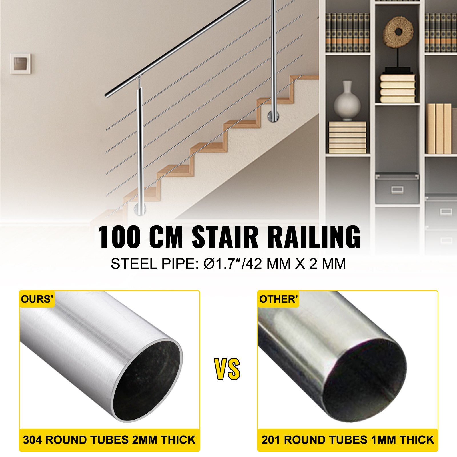 Vevor Adjustable Angle Stair Rail Stair Banister Handrail With 5 Crossbars 100cm