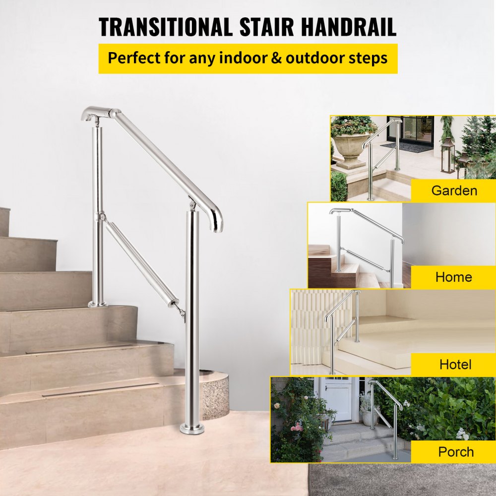 VEVOR Stainless Steel Transitional Handrail fit for Level Surface and 2 to 3 Adjustable Stair Indoor Outdoor Step Railings 441lb Capacity with Installation Kit Porch DIY, Silver