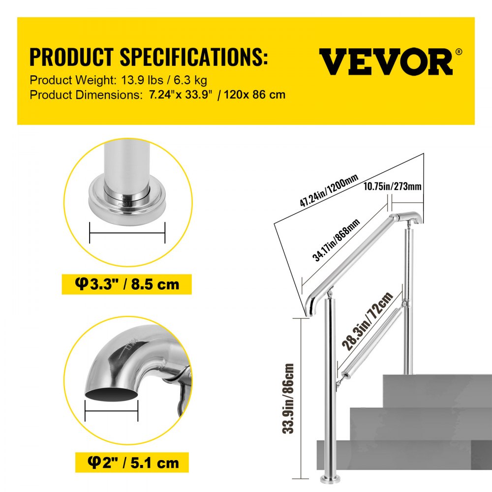 VEVOR Stainless Steel Transitional Handrail fit for Level Surface and 2 to 3 Adjustable Stair Indoor Outdoor Step Railings 441lb Capacity with Installation Kit Porch DIY, Silver