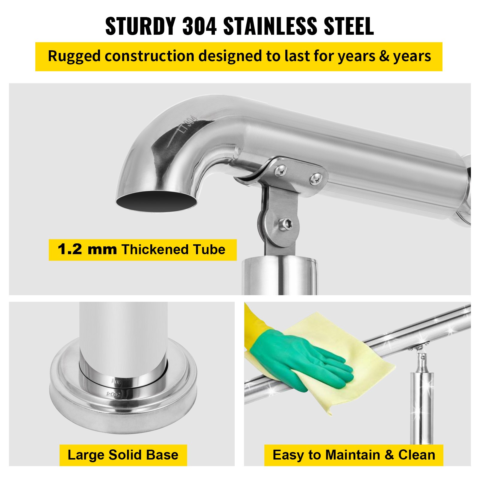 VEVOR stainless steel handrail: thickened tube, large solid base, easy to maintain &amp; clean.