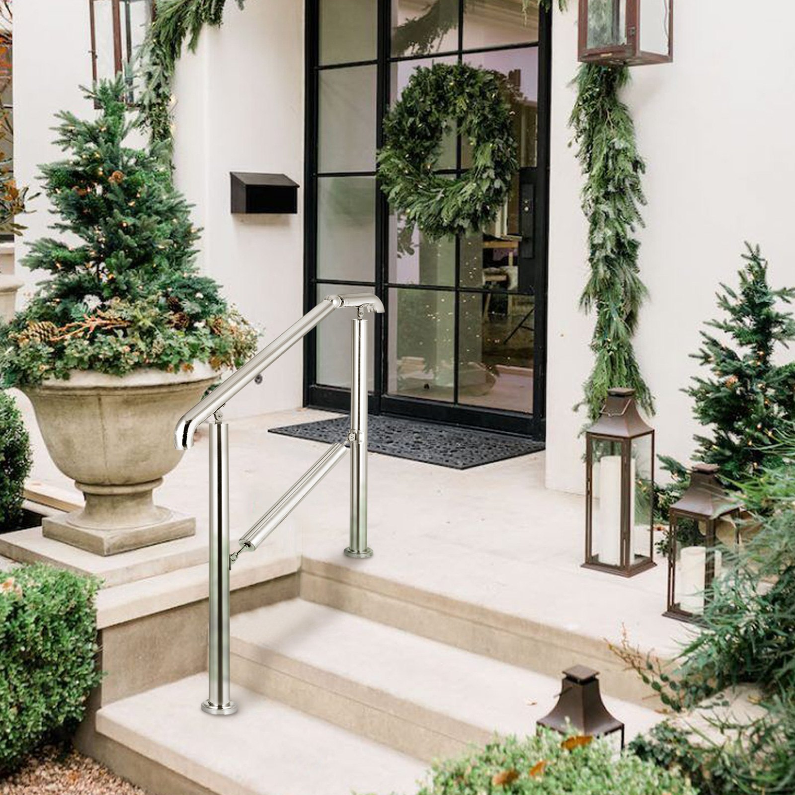 VEVOR stainless steel handrail installed on a decorated porch with greenery.