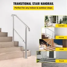 VEVOR 5 Step Railing Stainless Steel Transitional Handrail fit for Level Surface and 1 to 5 Steps Adjustable Stair Railing Indoor Outdoor Step Railings 220lb Capacity W/ Installation Kit Porch DIY