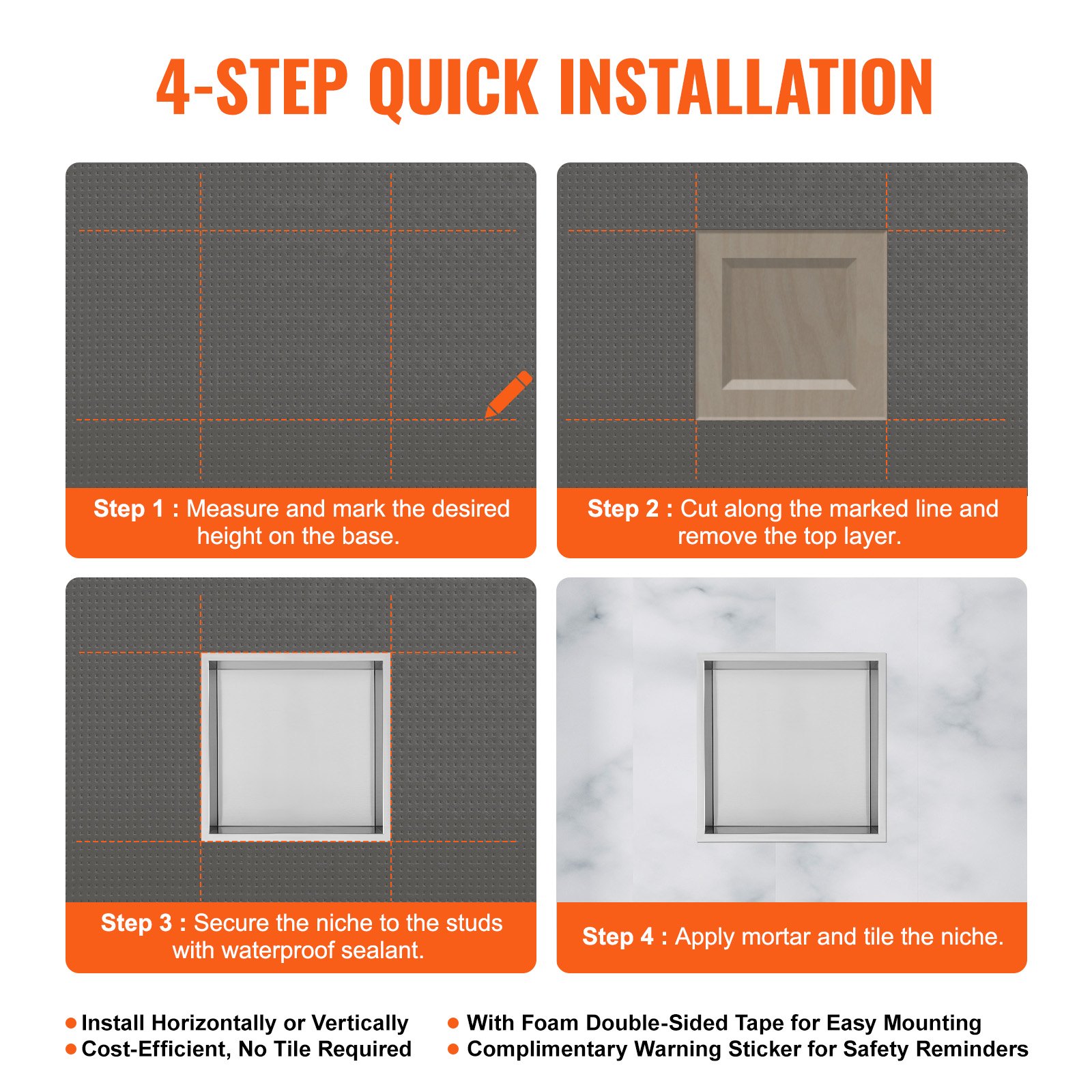 VEVOR 33.02 x 33.02 cm No Tile Shower Niche 304 Stainless Steel, Wall-Inserted Niche Recessed Double Shelves, Sealed Waterproof Rust-Resistant Modern Niche for Shower Bathroom Soap Storage, Silver