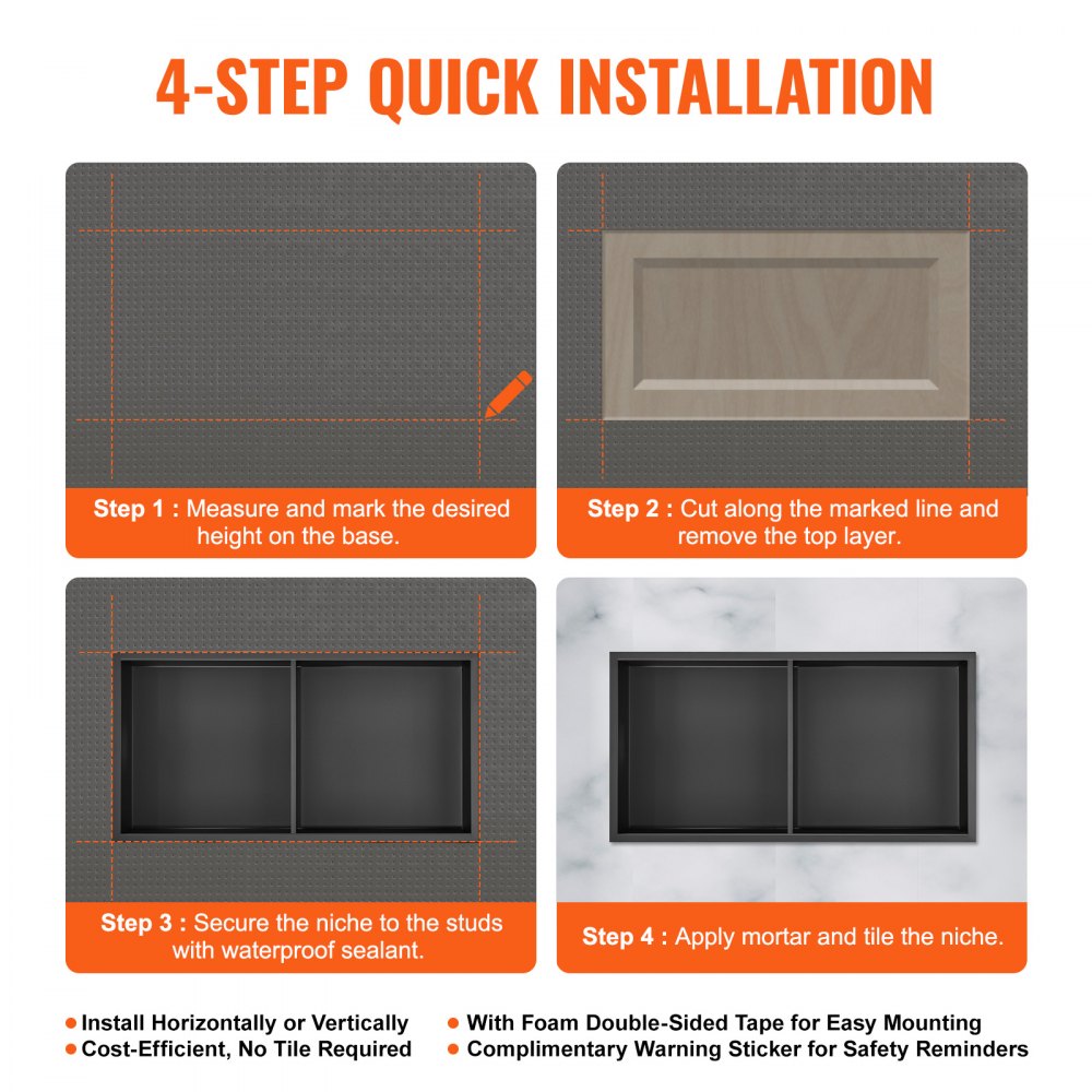 VEVOR 33.02 x 63.5 cm No Tile Shower Niche 304 Stainless Steel, Wall-Inserted Niche Recessed Double Shelves, Sealed Waterproof Rust-Resistant Modern Niche for Shower or Soap Storage Bathroom