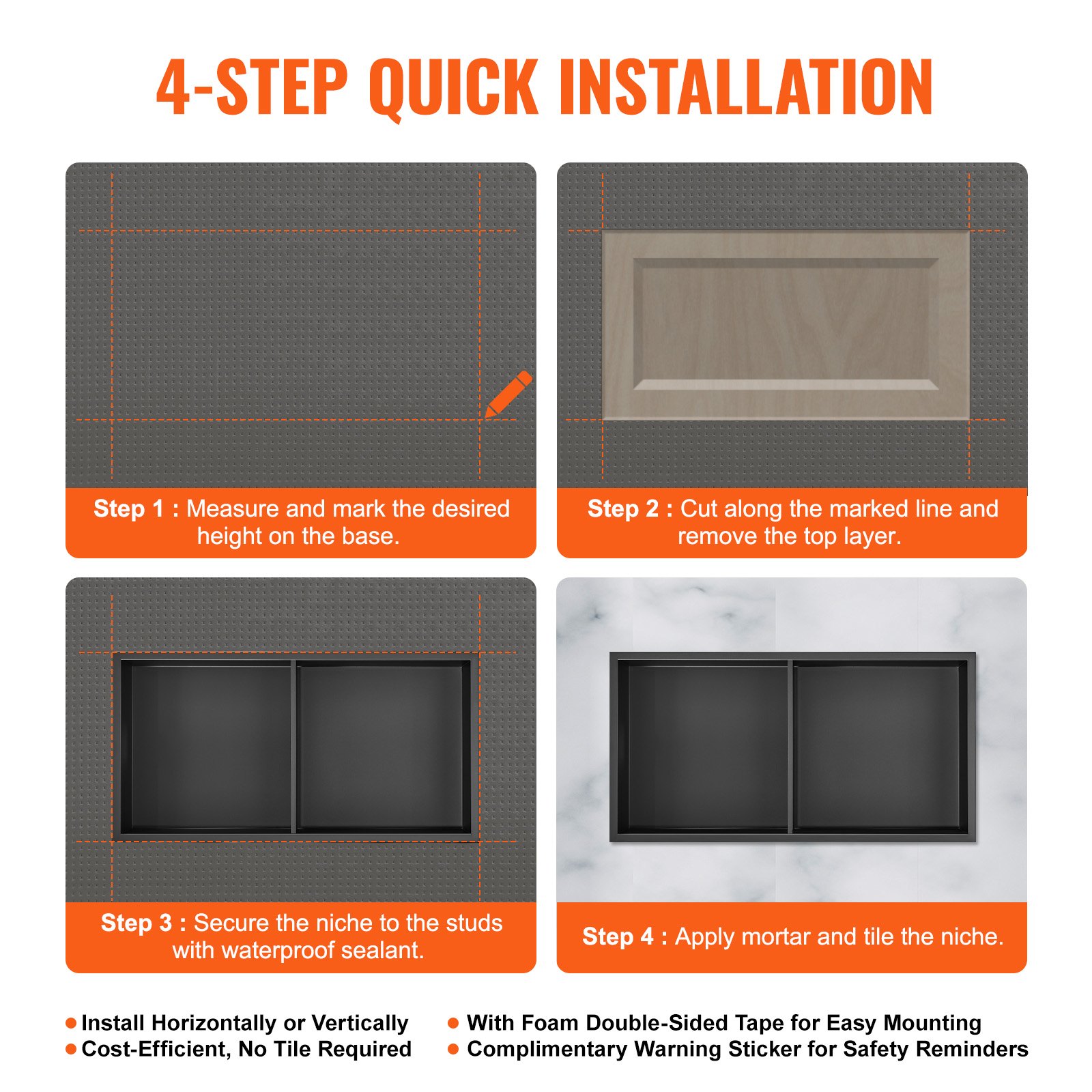 VEVOR 13"x25" No Tile Shower Niche 304 Stainless Steel, Wall-Inserted Niche Recessed Double Shelves, Sealed Waterproof Rust-Resistant Easy Cleaning Modern Niche for Shower or Soap Storage Bathroom