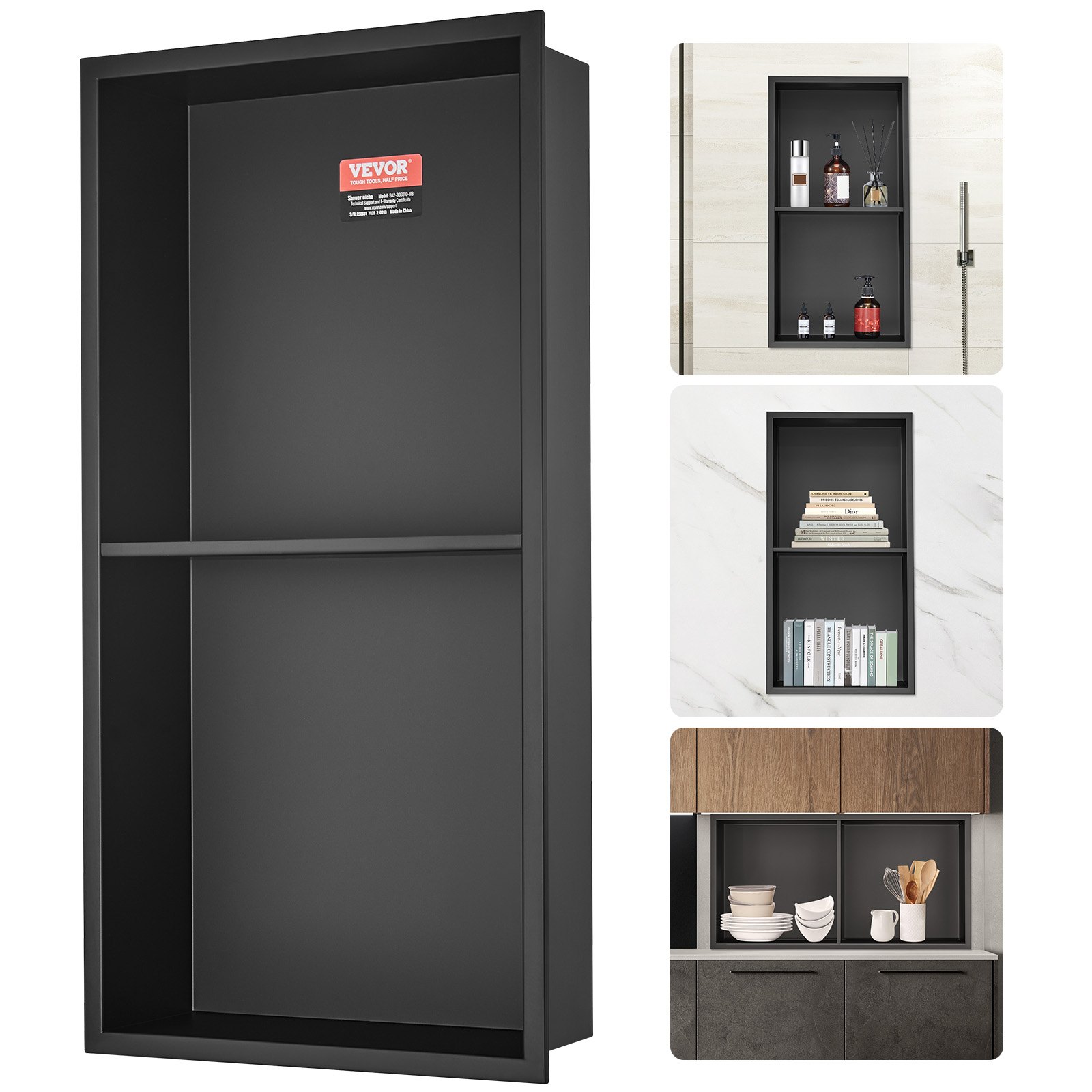 VEVOR 13"x25" No Tile Shower Niche 304 Stainless Steel, Wall-Inserted Niche Recessed Double Shelves, Sealed Waterproof Rust-Resistant Easy Cleaning Modern Niche for Shower or Soap Storage Bathroom