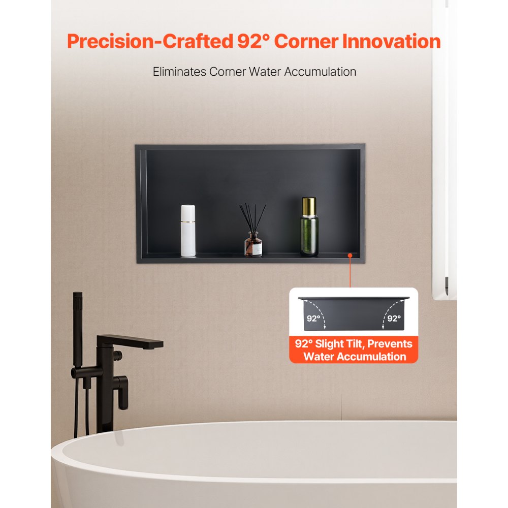 VEVOR Shower Niche, 33.0 x 63.5 x 10.2 cm Recessed Wall Niche, Heavy-duty Stainless Steel Modern Soap & Shampoo Storage Organizer, Sealed Waterproof, Durable & Easy to Install, Black for Bathroom