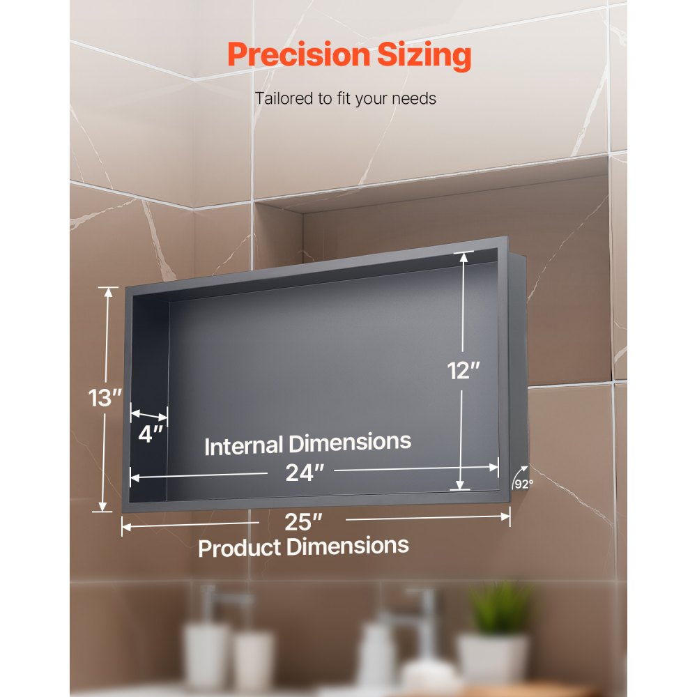 VEVOR Shower Niche, 33.0 x 63.5 x 10.2 cm Recessed Wall Niche, Heavy-duty Stainless Steel Modern Soap & Shampoo Storage Organizer, Sealed Waterproof, Durable & Easy to Install, Black for Bathroom