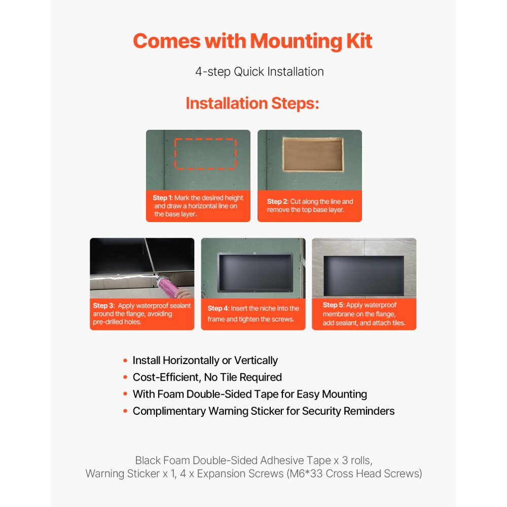 VEVOR Shower Niche, 33.0 x 63.5 x 10.2 cm Frameless Recessed Wall Niche, Heavy-duty Stainless Steel Modern Shampoo Storage Organizer, Sealed Waterproof, Durable & Easy to Install, Black for Bathroom