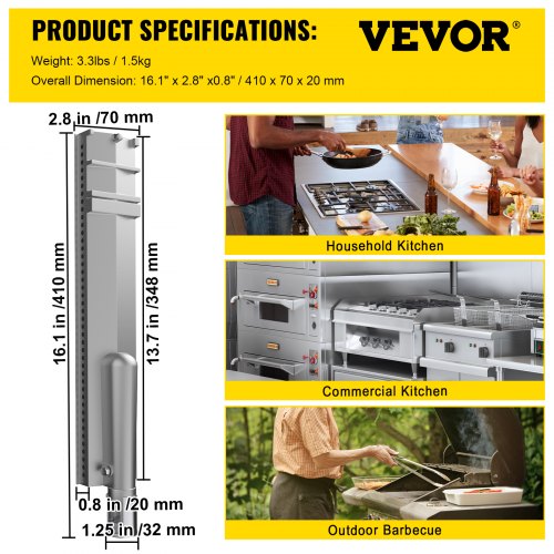 VEVOR Grill Burners, Stainless-Steel BBQ Burners Replacement, 1 Pack Grill Burner Replacement, Flame Grill with 16.1" Length Barbecue Replacement Parts with Evenly Burning for for Premium Gas Grills