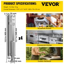 VEVOR Grill Burners, Stainless Steel BBQ Burners Replacement, 4 Packs Grill Burner Replacement, Flame Grill with 15.9" Length Barbecue Replacement Parts with Evenly Burning for for Premium Gas Grills