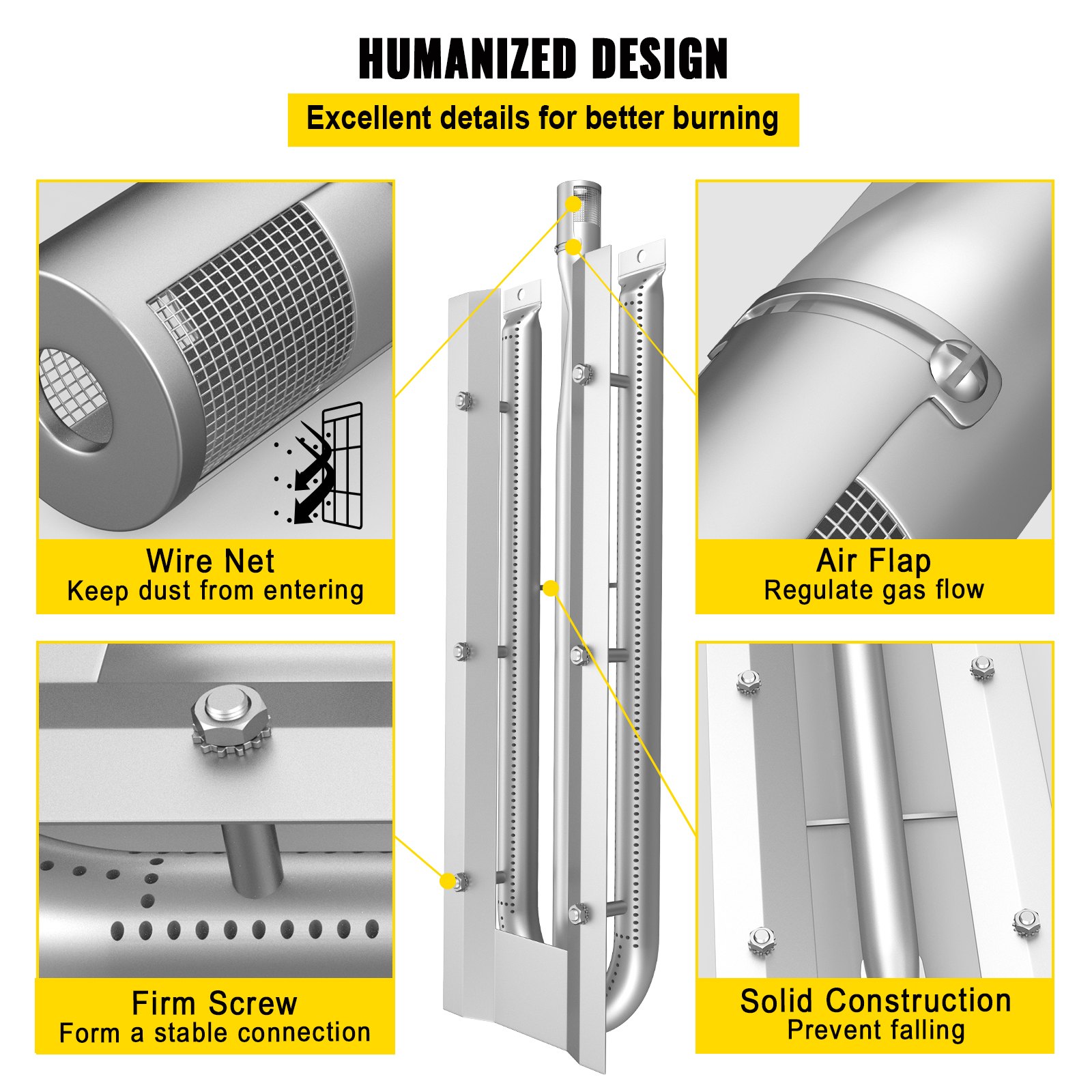 VEVOR Replacement U Burner, Stainless-Steel Grill Burners, 3 Packs BBQ Burners Replacement, Grill Burner Replacement w/ 21.7" Length Barbecue Replacement Parts w/ Evenly Burning for Premium Gas Grills