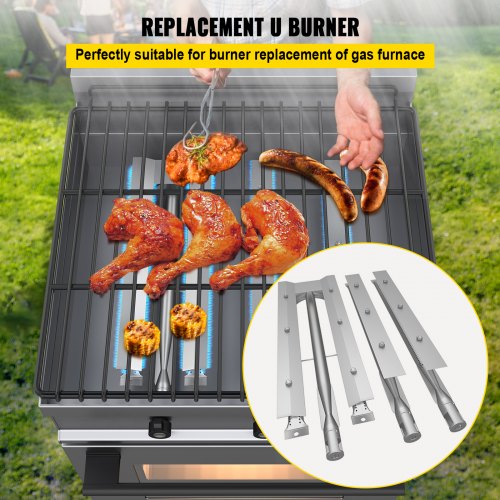 VEVOR BBQ Burners Replacement, Stainless Steel Burner Grill Part Kit, 3 Packs BBQ Burners Replacement, Grill Burner Replacement w/ Air Flap Barbecue Replacement Parts w/ Evenly Burning for Gas Grills