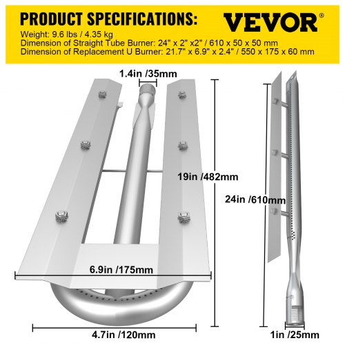 VEVOR BBQ Burners Replacement, Stainless Steel Burner Grill Part Kit, 3 Packs BBQ Burners Replacement, Grill Burner Replacement w/ Air Flap Barbecue Replacement Parts w/ Evenly Burning for Gas Grills