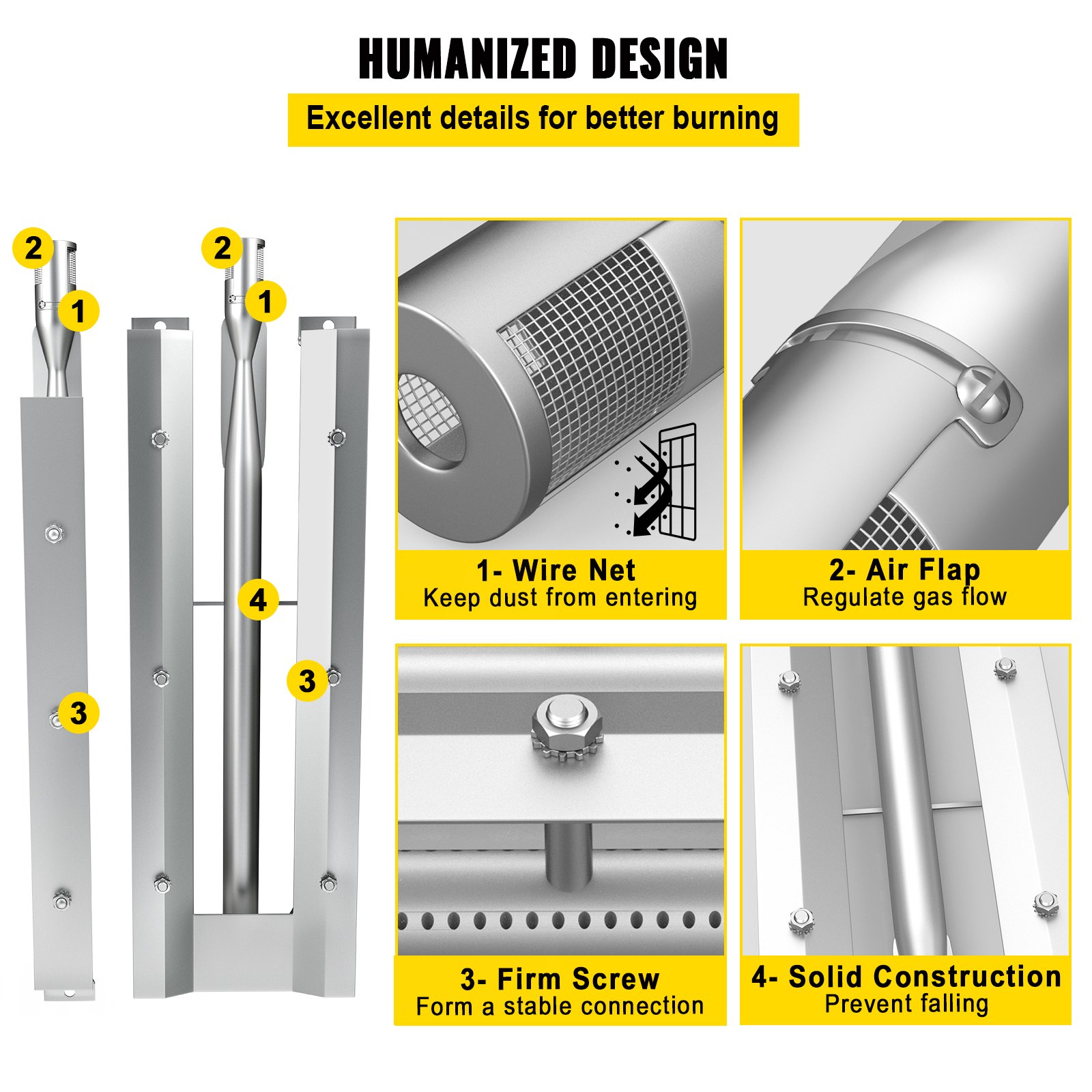 VEVOR BBQ Burners Replacement, Stainless Steel Burner Grill Part Kit, 3 Packs BBQ Burners Replacement, Grill Burner Replacement with Air Flap Barbecue Replacement Parts with Evenly Burning for Gas Gri