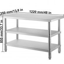 VEVOR Outdoor Food Prep Table, 48x14x33 in Commercial Stainless Steel Table, 2 Adjustable Undershelf BBQ Prep Table, Heavy Duty Kitchen Work Table, for Garage, Home, Warehouse, and Kitchen Silver