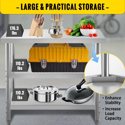 VEVOR Outdoor Food Prep Table, 48x18x33 In Commercial Stainless Steel Table, 2 Adjustable Undershelf BBQ Prep Table, Heavy Duty Kitchen Work Table, for Garage, Home, Warehouse, and Kitchen Silver