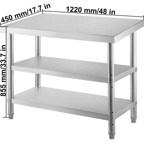 VEVOR Outdoor Food Prep Table, 48x18x33 In Commercial Stainless Steel Table, 2 Adjustable Undershelf BBQ Prep Table, Heavy Duty Kitchen Work Table, for Garage, Home, Warehouse, and Kitchen Silver