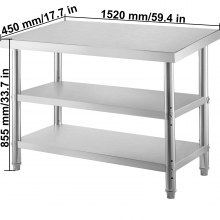VEVOR Stainless Steel Prep Table, 1520x450x855 mm Commercial Stainless Steel Table, 2 Adjustable Undershelf BBQ Prep Table, Heavy Duty Kitchen Work Table, for Garage, Home, Warehouse, Kitchen Silver